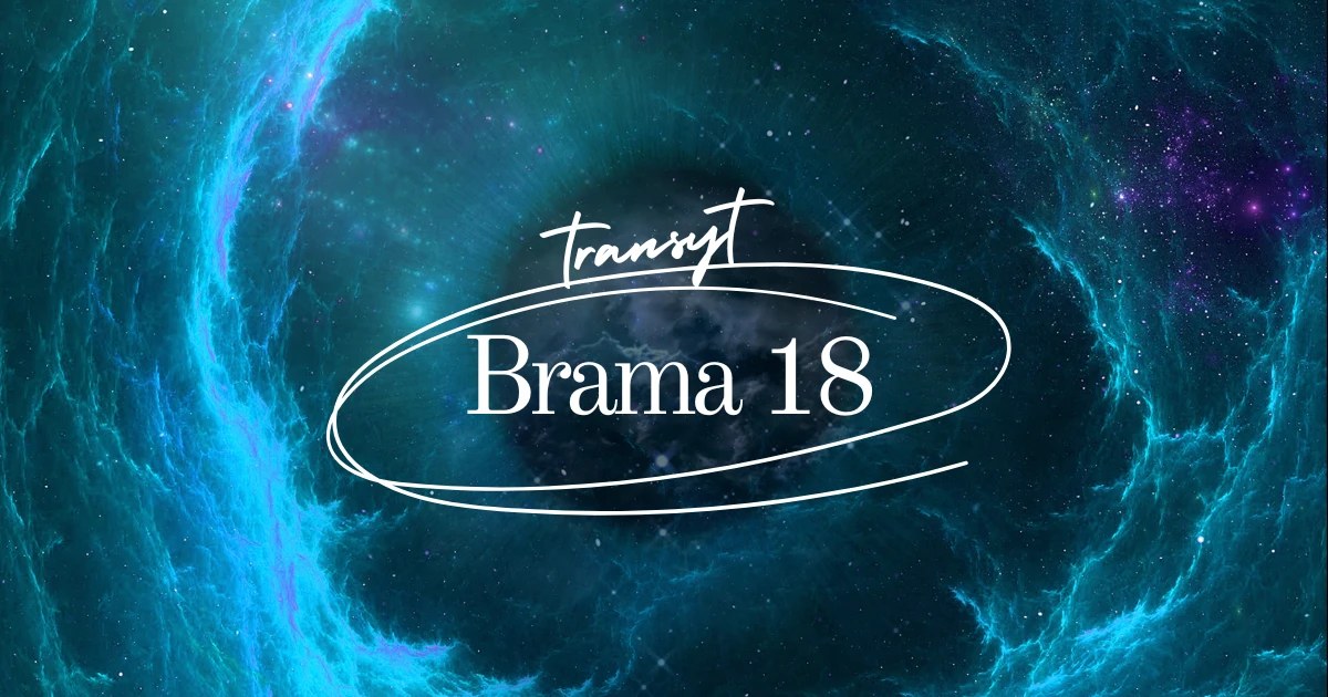 Napis „tranzyt Brama 18” w owalnej ramce na tle turkusowo-granatowej mgławicy